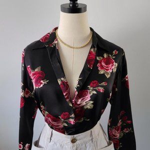 Women's vintage rose print 100% silk button down top